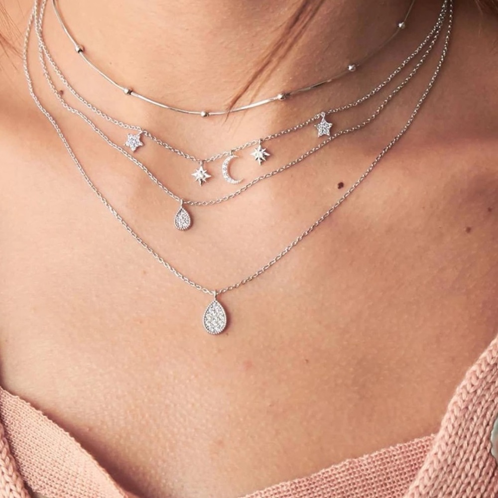 πNEW! Silver Star Moon Gem Multilayer Necklace - Picture 1 of 3